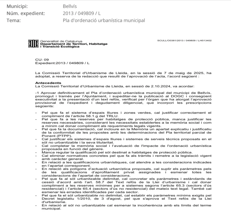 Bellvís aprova el nou pla urbanístic i obre la porta al futur desenvolupament
