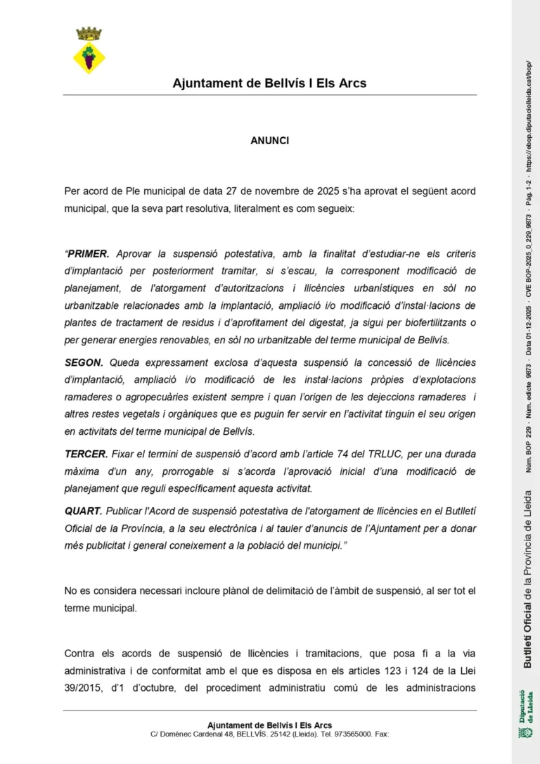 Suspensió de tramitacions i atorgament de llicències de plantes de tractament de residus.